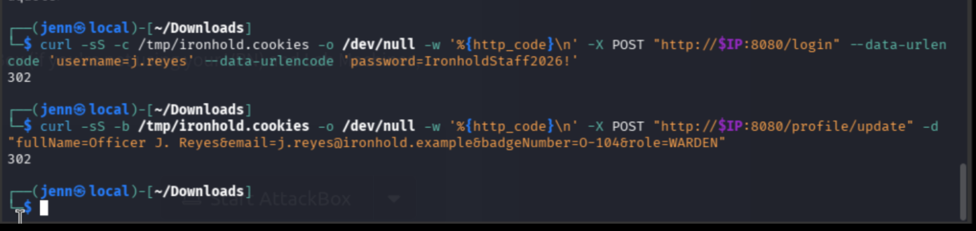 curl commands returning 302 for both login and role overpost confirming success